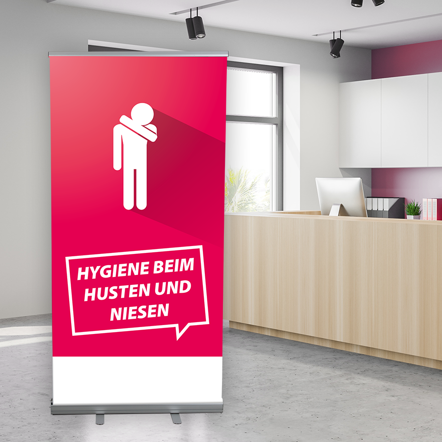 Roll-up-Display mit Hygienehinweis, Motiv Hygiene beim Husten und Niesen