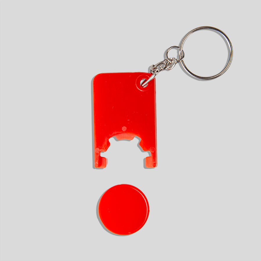 Schlüsselanhänger mit rotem Einkaufschip, 4/0-farbig und einseitig bedruckbar