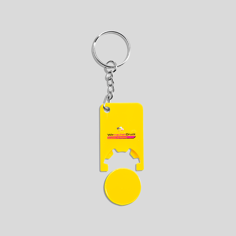 Schlüsselanhänger mit gelbem Einkaufschip, mit einseitigem und 4/0-farbigem Druck