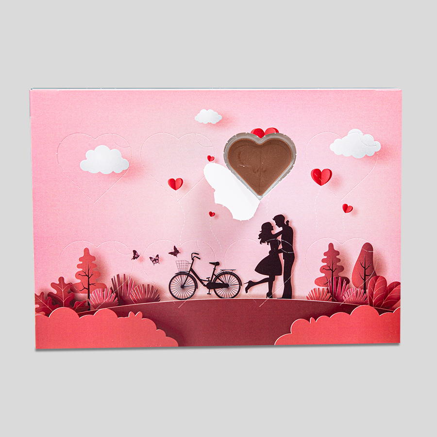 Schoko-Herz-Geschenk gefüllt mit Schokoladen-Herzen, Schachtel vollfarbig bedruckbar
