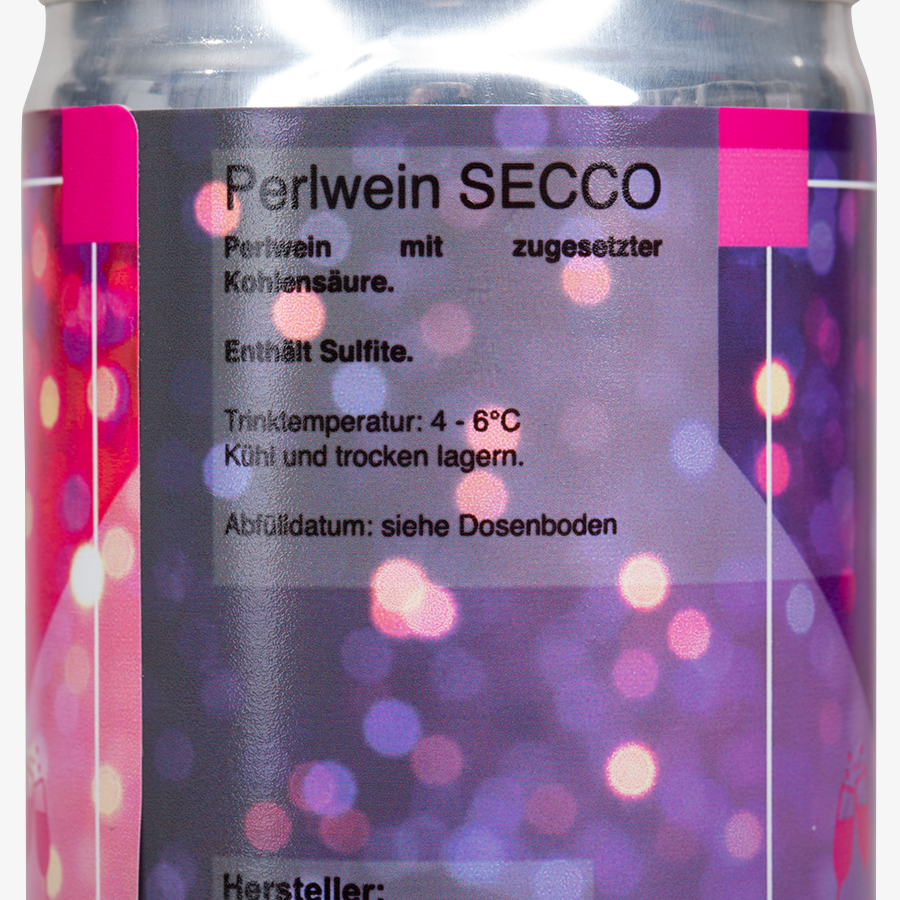 Detailansicht Etikett einer bedruckten Secco-Getränkedose mit Wunschdesign