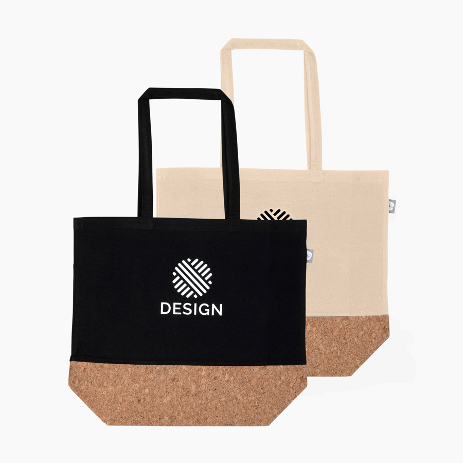 Recycelte Baumwolltaschen bedruckt mit Logo: Shopper in Schwarz und in Weiß mit Korkboden