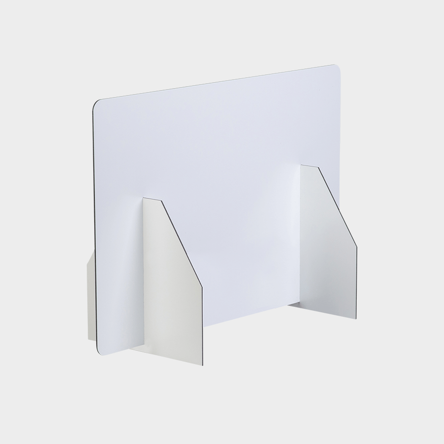 Robuster Sichtschutz Tischaufsteller aus 3 mm starken Aluverbundplatten in Weiß mit Polyethylen-Kern