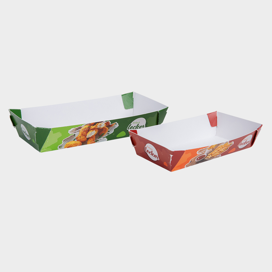 Vollfarbig bedruckte Snackschalen in zwei Größen, vielseitige Lebensmittelverpackung