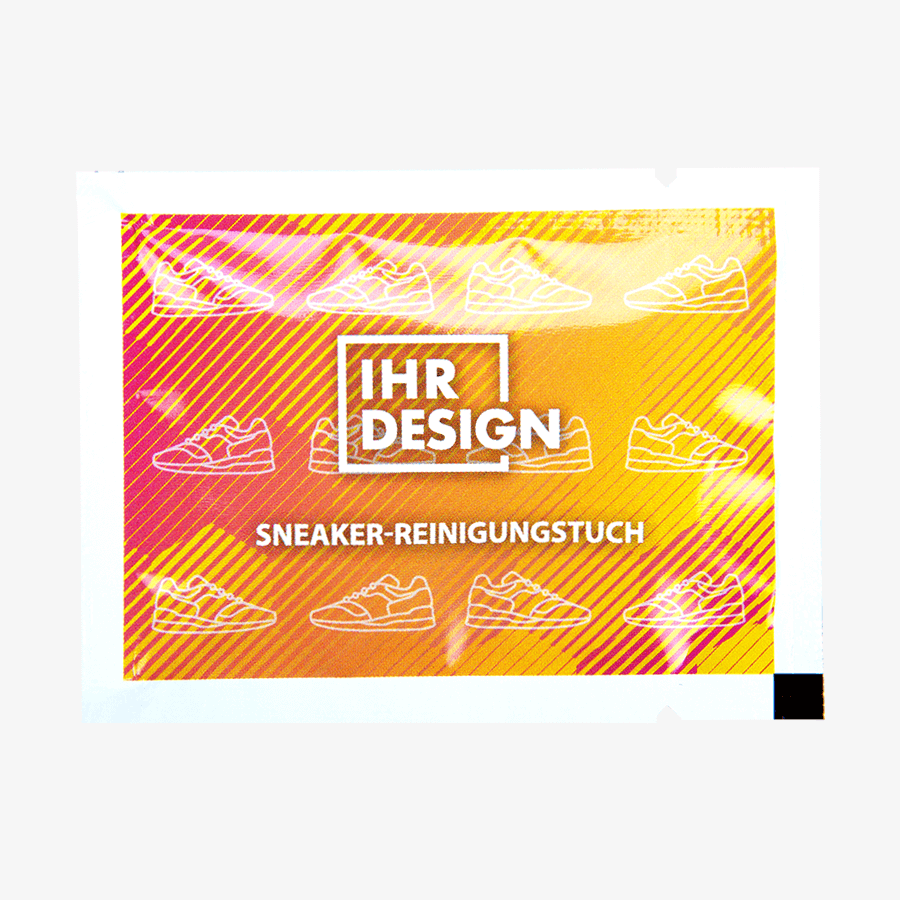Sneaker-Reinigungstuch aus Viskosevlies im bedruckten Sachet aus weißer Verbundfolie