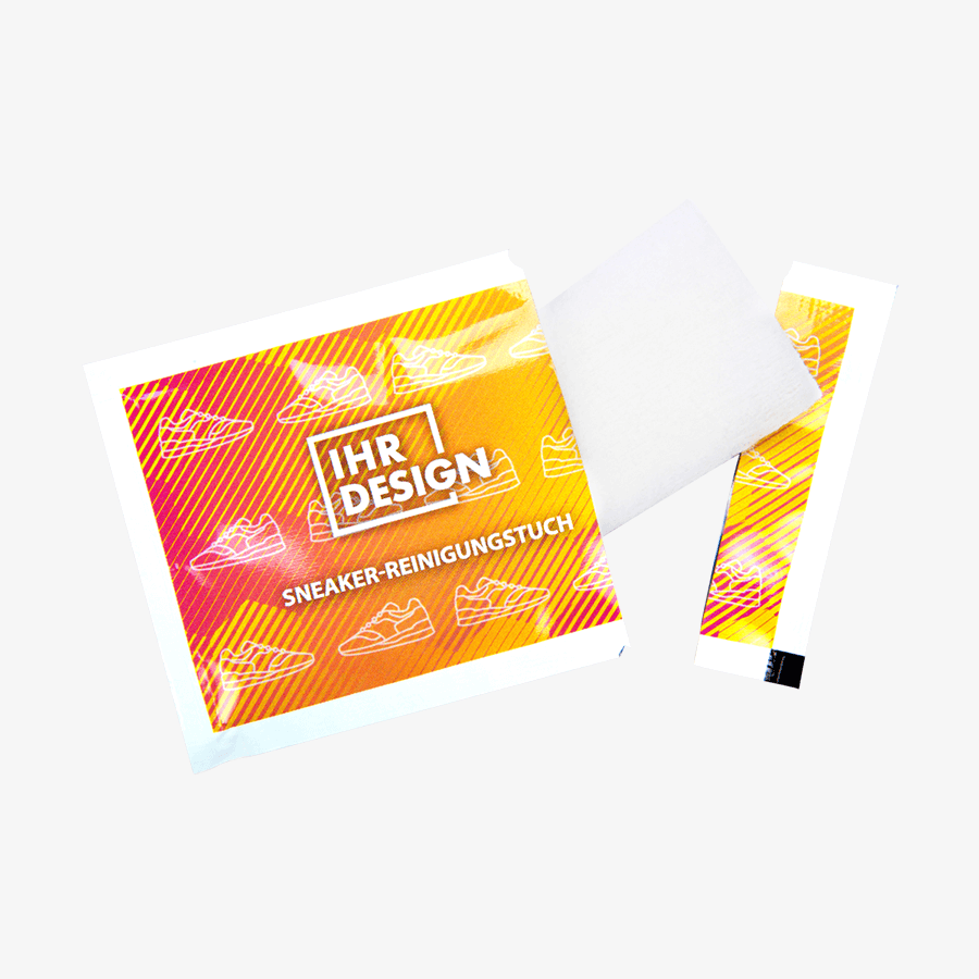 Sneaker-Reinigungstuch aus Viskosevlies im individuell bedruckten Sachet