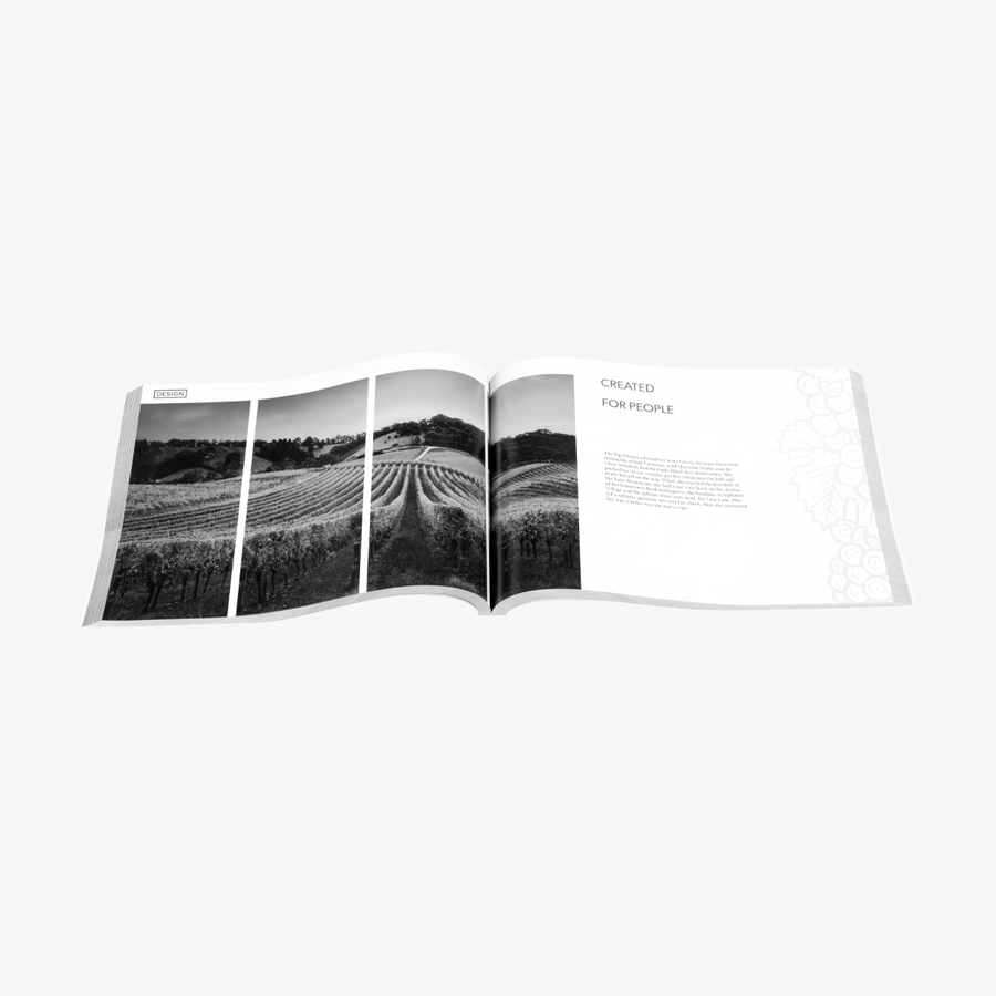 Aufgeschlagenes Softcover-Buch (DIN A4 quer) mit Inhalt in Schwarz-Weiß