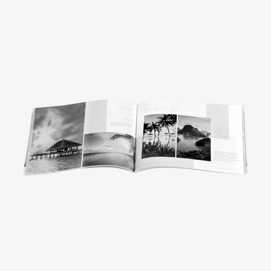 Aufgeschlagenes Softcover-Buch (DIN A5 quer) mit Inhalt in Schwarz-Weiß