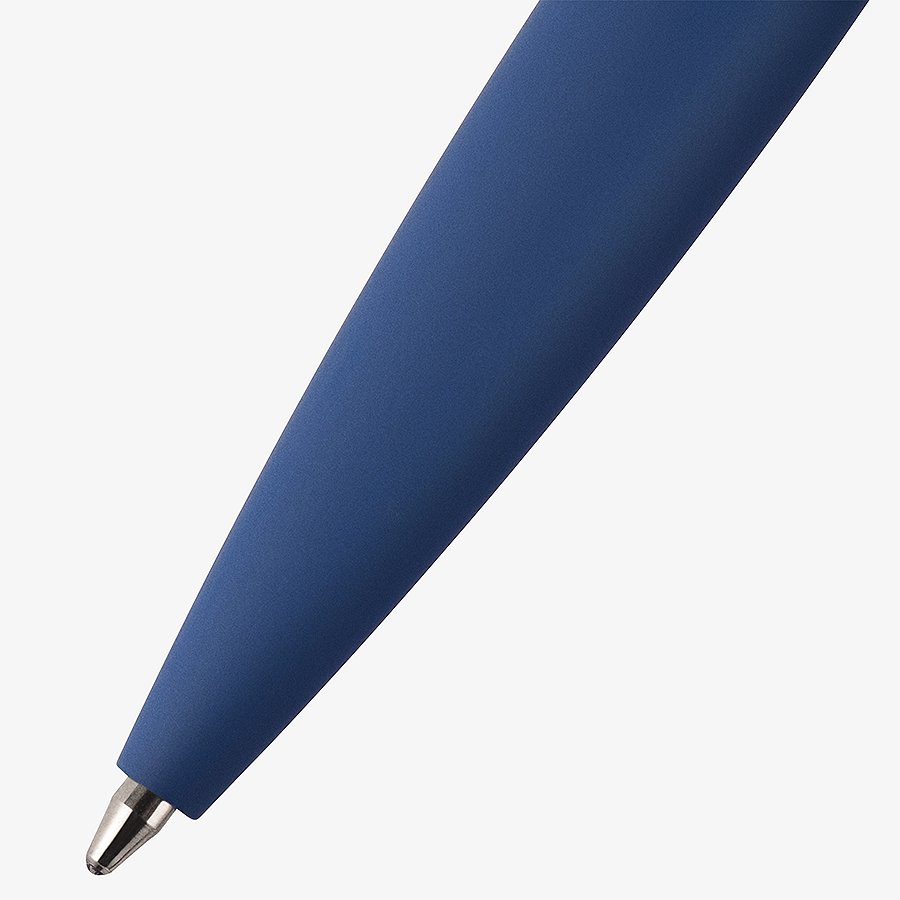 Detailansicht der Spitze inkl. Mine eines blauen Bambus-Sofftouch-Kugelschreibers mit UV-LED-Druck