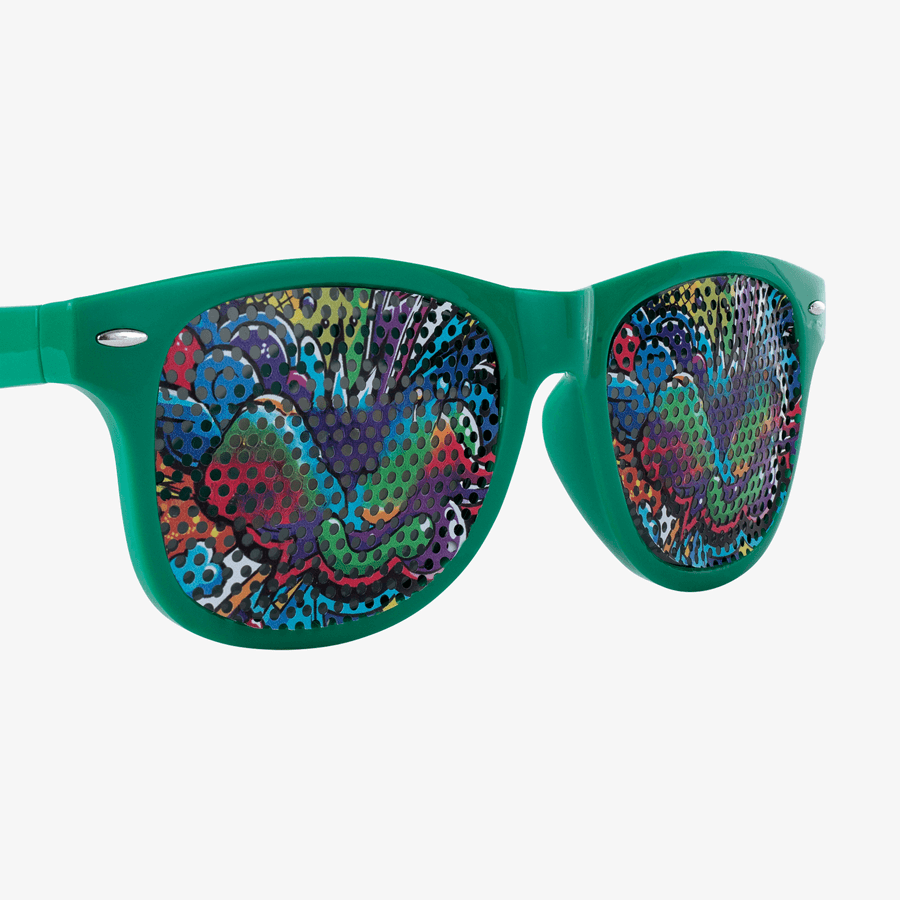 Grüne Sonnenbrille aus Kunststoff mit hochwertigem Vision-Film-Druck auf den Gläsern