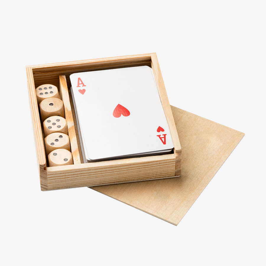 Holzkiste mit Karten-und-Würfel-Set, Schiebedeckel vollfarbig bedruckbar