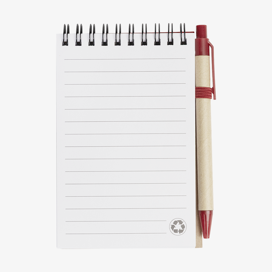 Notizbuch mit umgeklapptem Karton-Cover und linierten Seiten, inklusive Kugelschreiber