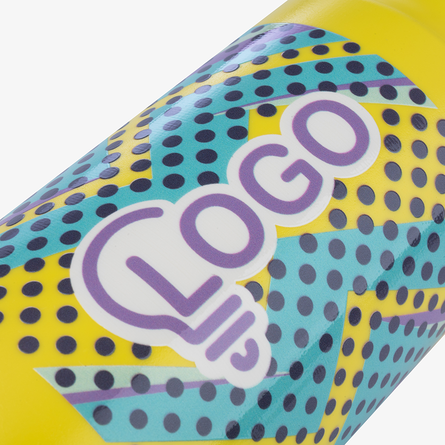 Gelbe 500-ml-Sportflasche aus PP mit Push-Pull-Deckel und Rundum-UV-LED-Druck in der Detailansicht