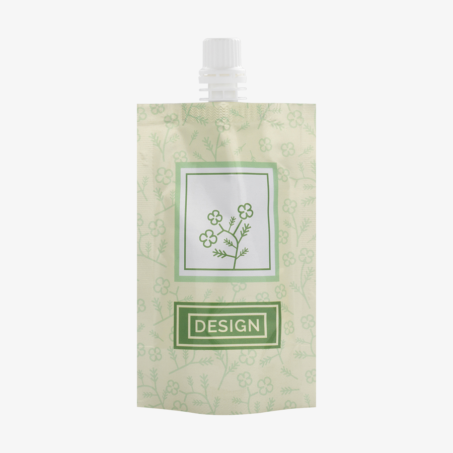 Standbodenbeutel bzw. Doypack mit Ausgießer aus Aluminium, mit individuellem Design bedruckt