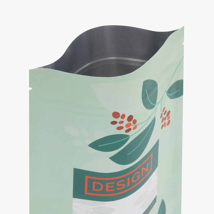 Praktischer Standbodenbeutel aus Aluminiumpapier im Hochformat, mit Aromaventil