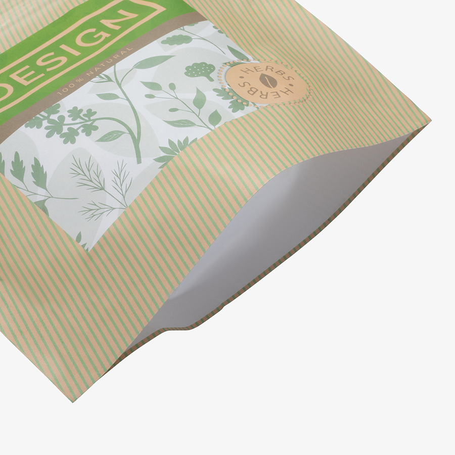 Detailansicht eines Standbodenbeutels aus recycelbarem Papier mit neutralem Boden