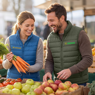 Frau und Mann am Gemüsestand, sie tragen Steppwesten von Stanley/Stella mit Stickerei