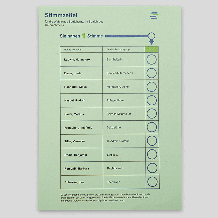 Ungefalzter Stimmzettel aus umweltfreundlichem Recyclingpapier in Hellgrün und mit 4/0-farbigem Druck