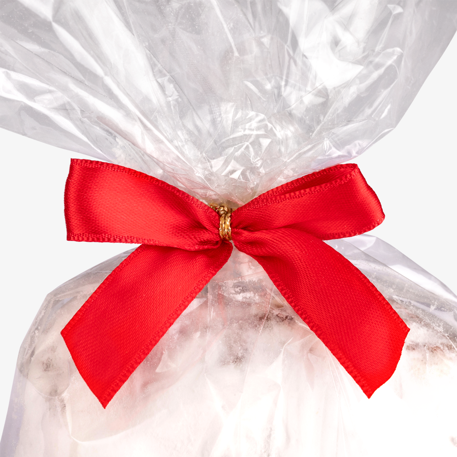 Stollen 500 g, Verpackung individuell bedruckbar, mit roter Schleife verschlossen
