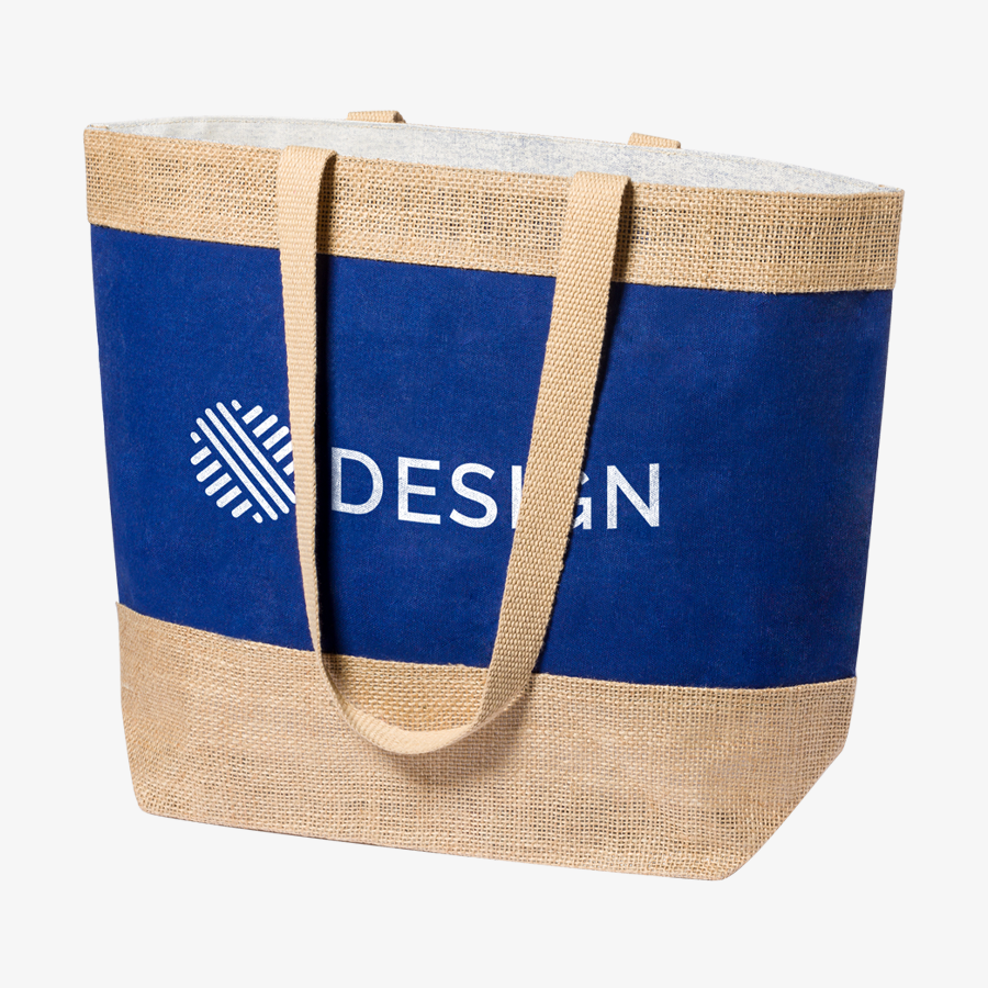 Strandtasche aus laminierter Jute und Baumwolle mit blauem Streifen und einfarbigem Aufdruck