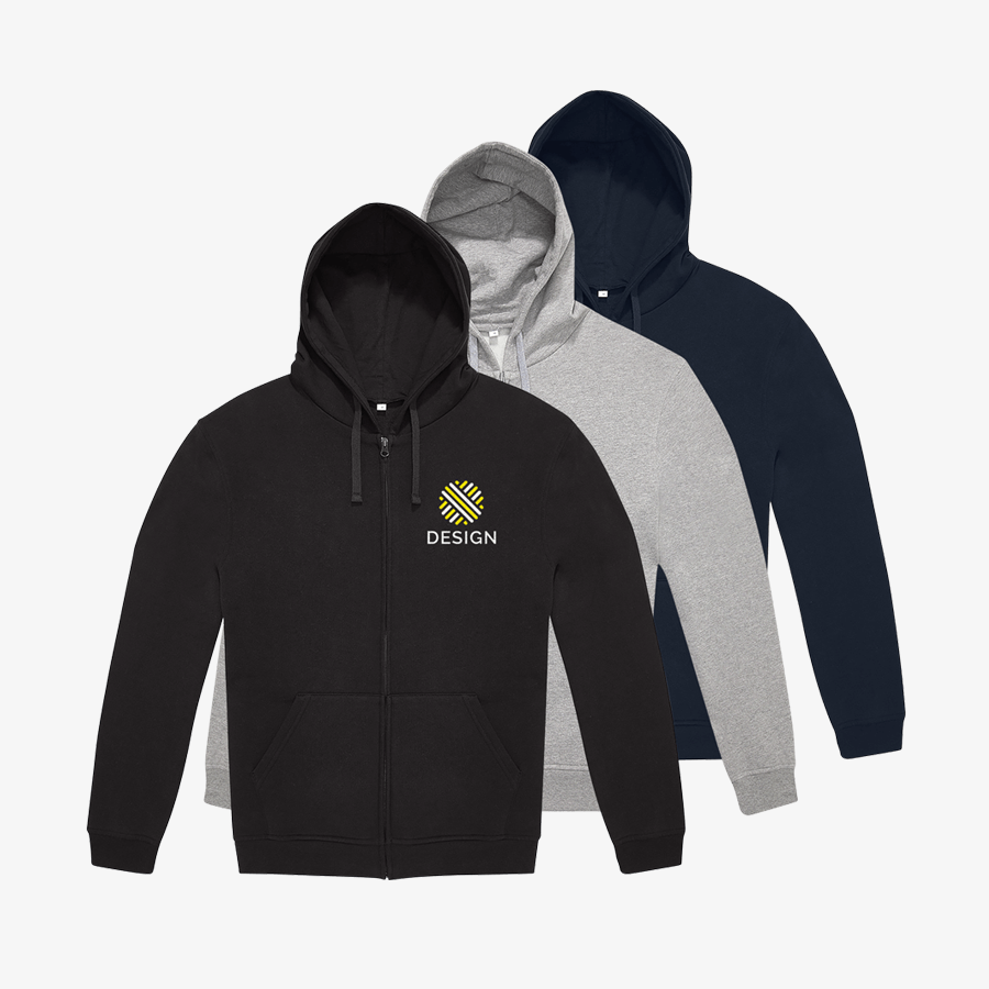 Drei Basic-Sweatjacken für Herren in verschiedenen Farben mit einer Duckposition vorne