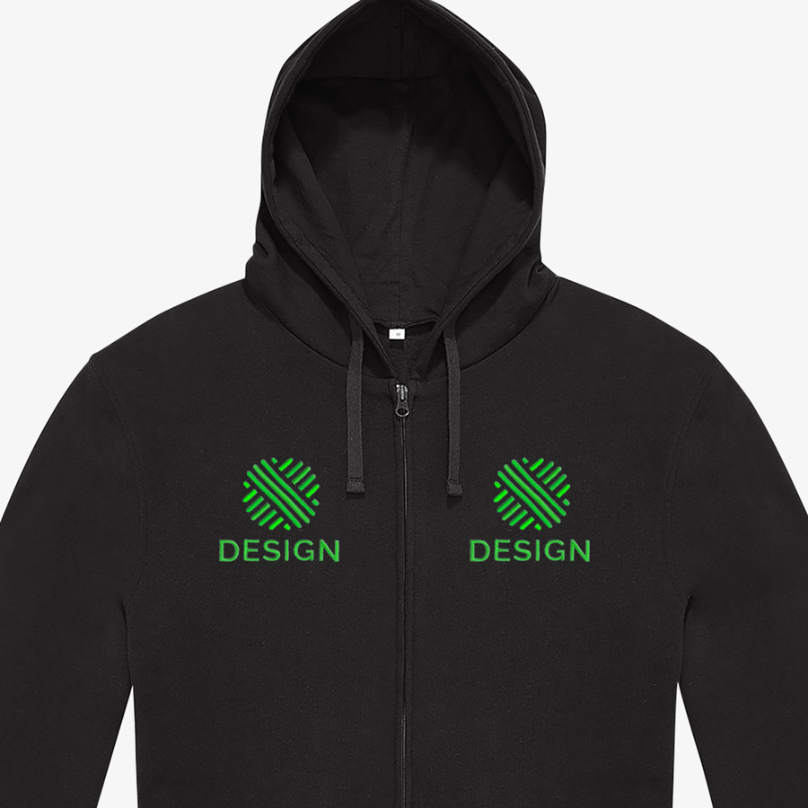 Basic-Sweatjacke für Herren in Schwarz mit zwei Stickpositionen vorne, Detailansicht