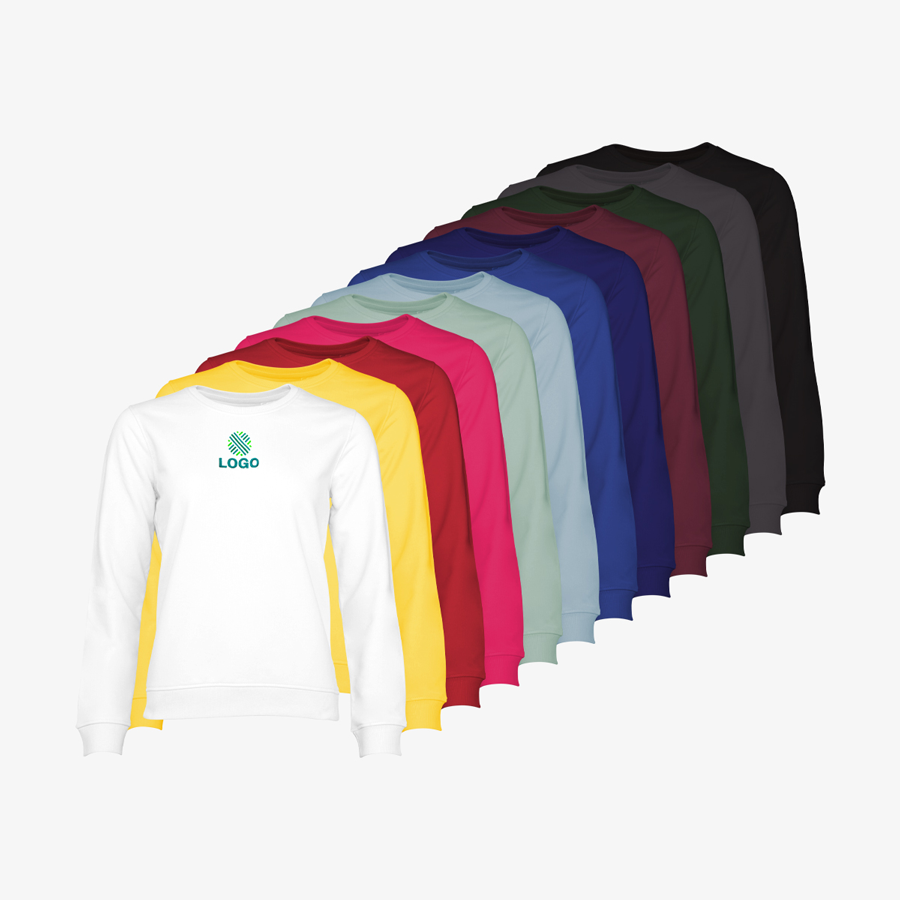 Organic-Sweatshirts für Damen von B&C Collection in vielen Farben, vorne mittig bestickt