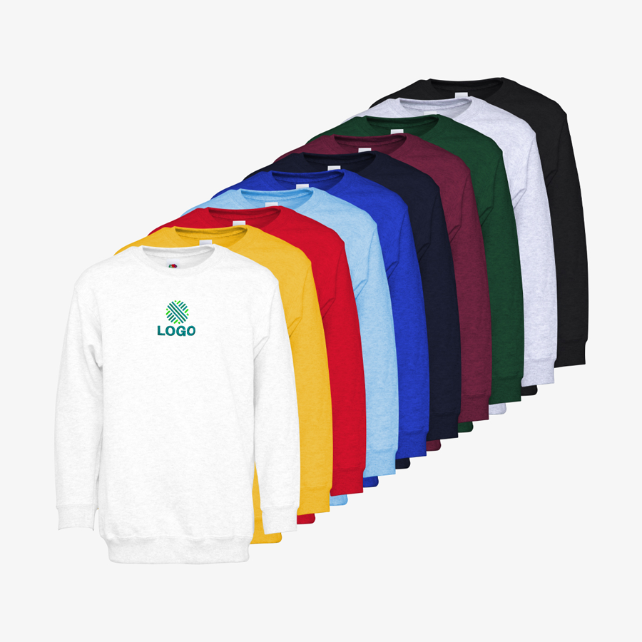 Basic-Sweatshirts für Kinder von Fruit of the Loom in verschiedenen Farben, mit Stickerei vorne mittig
