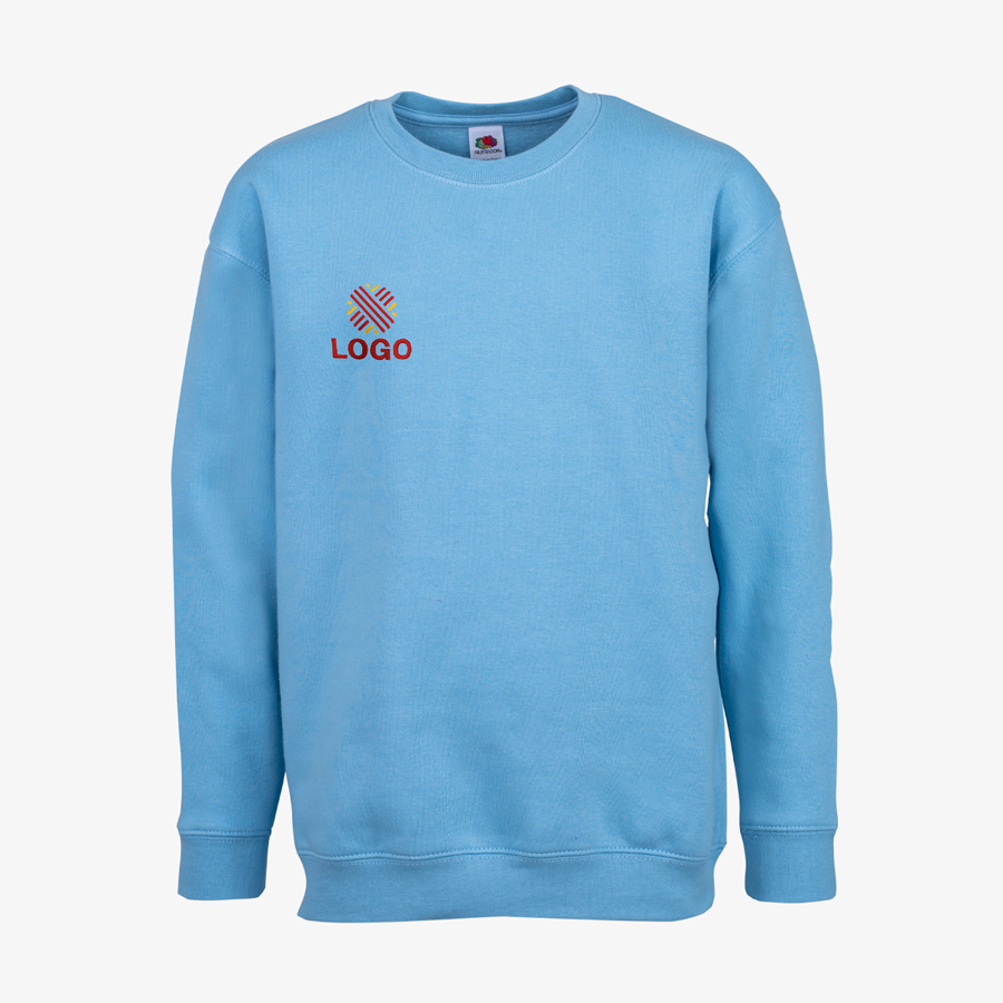 Blaues Premium-Sweatshirt für Kinder von Fruit of the Loom, auf der Brust bestickt