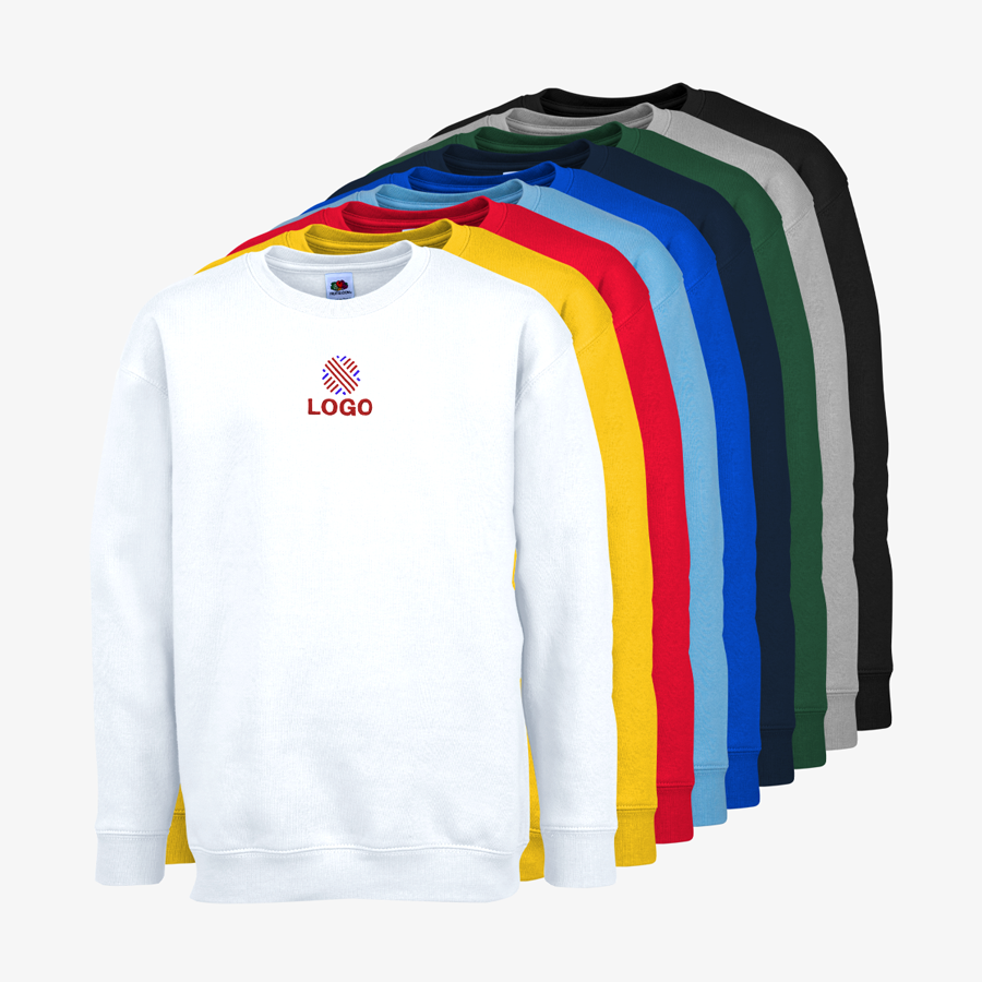 Premium-Sweatshirts für Kinder von Fruit of the Loom in vielen Farben mit Stickerei vorne