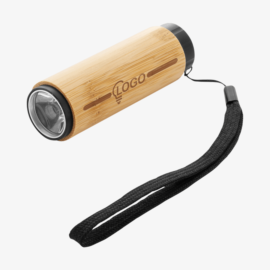 Individuell gravierte Batterie-Taschenlampe mit Bambusmantel und Trageschlaufe