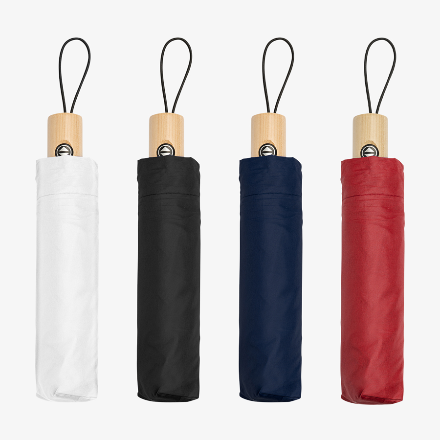 Automatik-Taschenschirm in verschiedenen Farben, mit Holzgriff und Handschlaufe