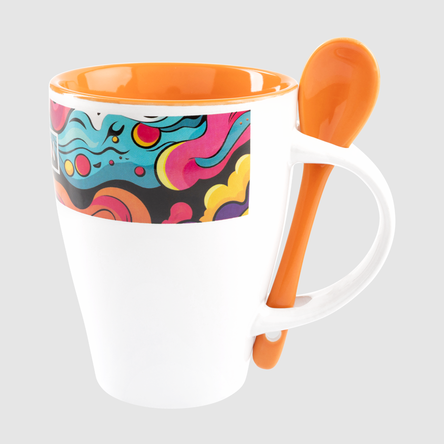 Tasse mit Löffel, aus Keramik, innen orange gefärbt, 300 ml