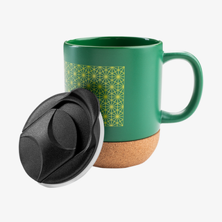 Individuell bedruckte Keramiktasse mit Korkboden und praktischem Trinkdeckel