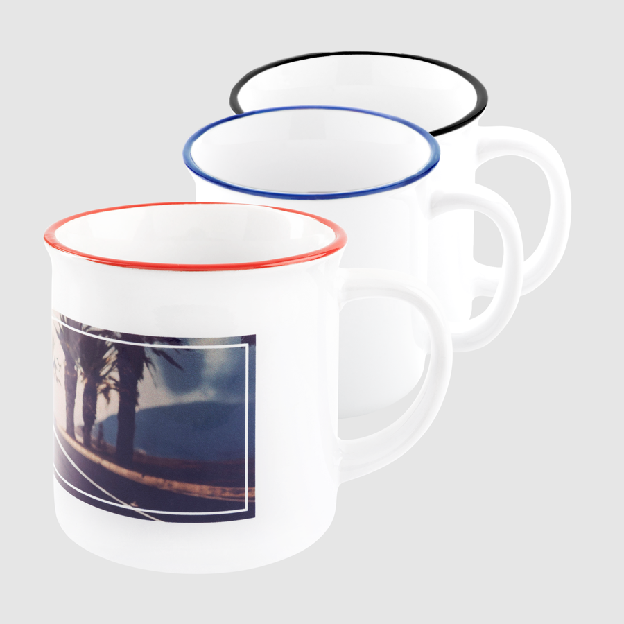 Bedruckbare Tasse im Vintage-Stil aus Keramik mit farbigem Trinkrand, 300 ml
