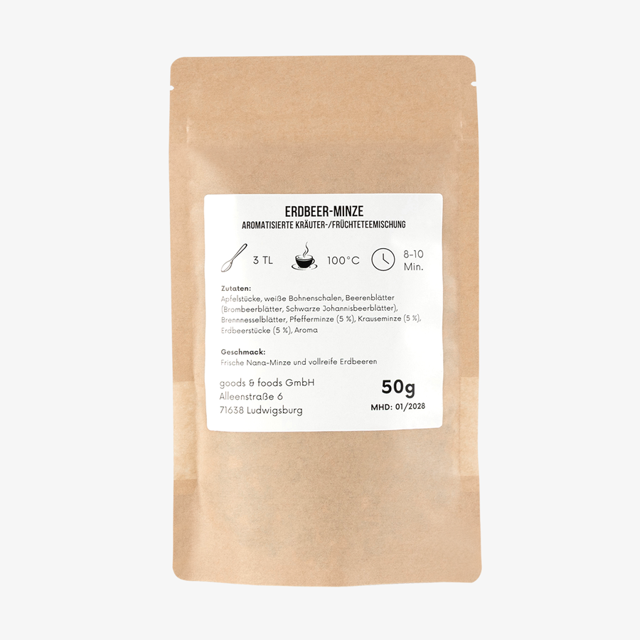 Loser Tee Erdbeer-Minze, verpackt in naturbrauner Doybag, Rückansicht der Verpackung mit Etikett zu Inhaltsstoffen, Ziehzeit u. v. m.