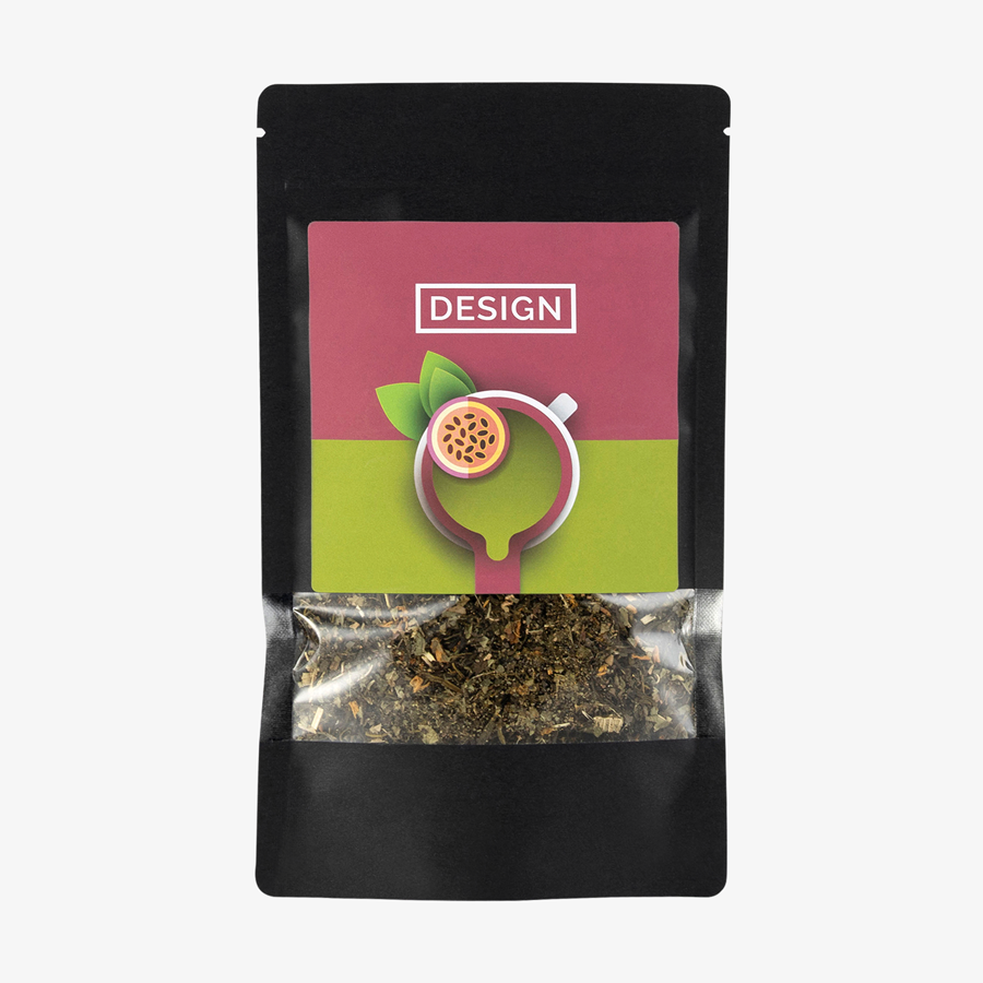 Grüner Tee Passionsfrucht, verpackt in schwarzer Doybag mit eigenem Design