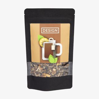 Personalisierter Tee (70 g Schwarzer Tee) im schwarzen Doybag mit individuellem Etikett