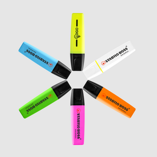 Verschiedene einfarbig bedruckte Textmarker der Marke STABILO BOSS