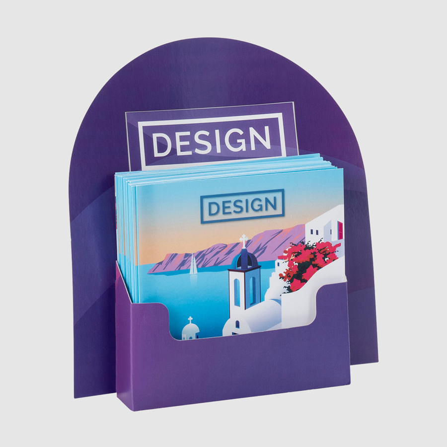 Rundes Thekendisplay mit Flyerhalter in DIN A5, individuell bedruckt, in der Vorderansicht