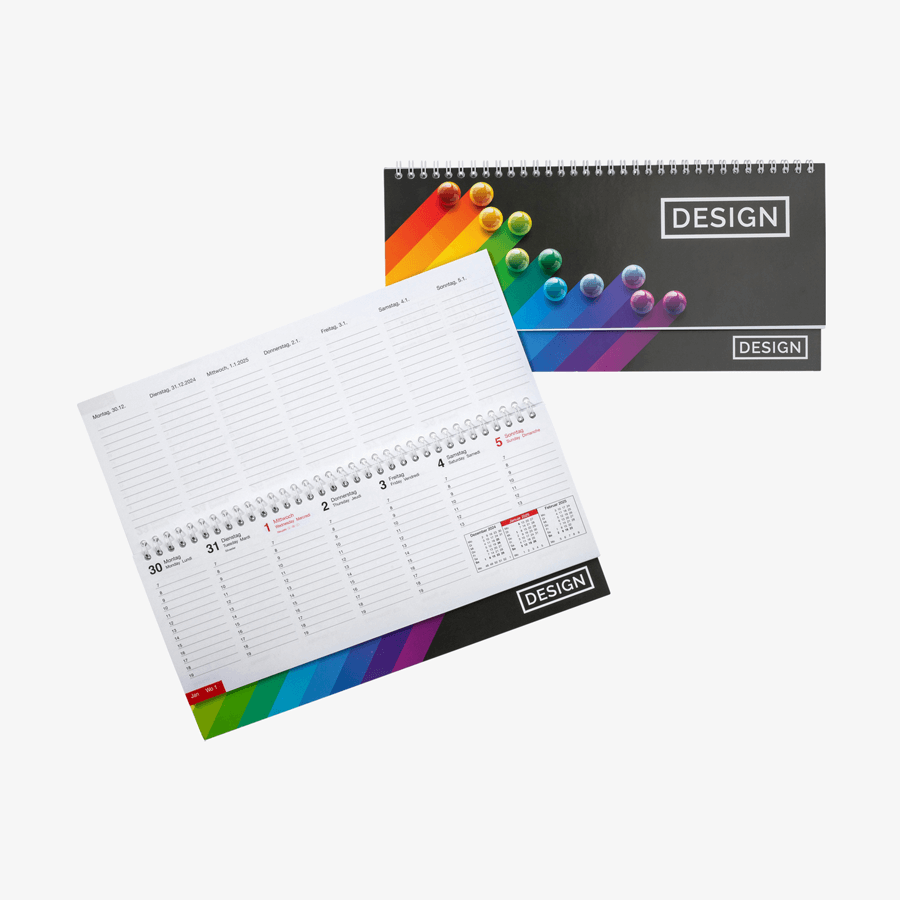 Tischkalender mit verlängerter Rückpappe, individuell vollfarbig bedruckbar