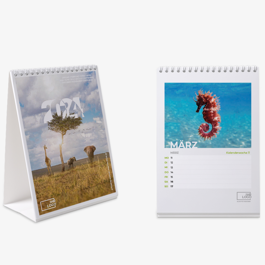 Zwei Tischkalender im Hochformat bedruckt mit Wildlife-Design