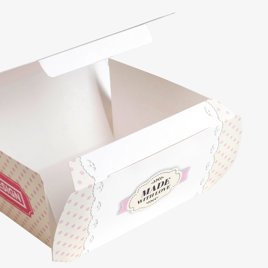 Tortenbox/Tortenkarton mit Logo bedruckt, mit Einstecklache, geöffnet, in Größe M