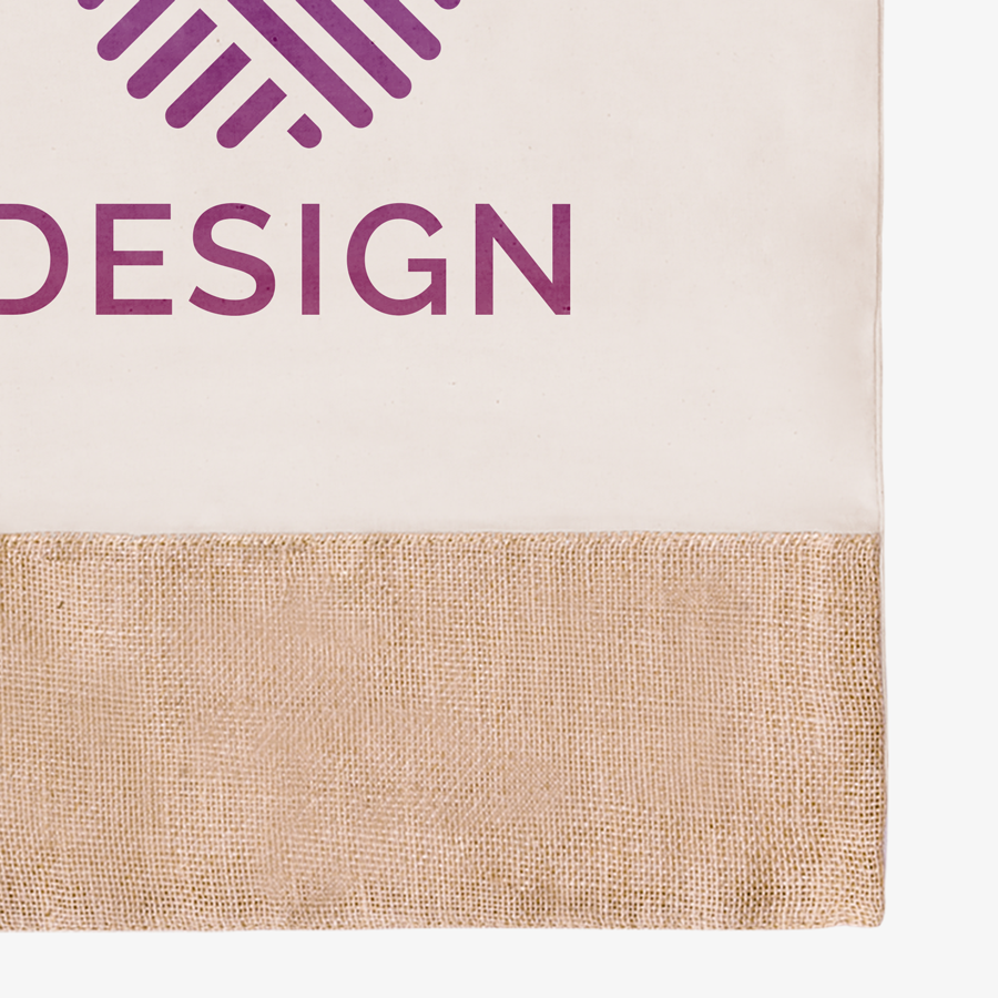 Detailansicht einer Tragetasche aus Baumwolle mit Juteboden mit individuellem Aufdruck