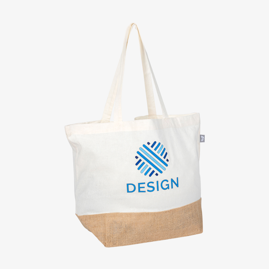 Tragetasche aus recycelter Baumwolle mit Juteboden, vollfarbig individuell bedruckbar