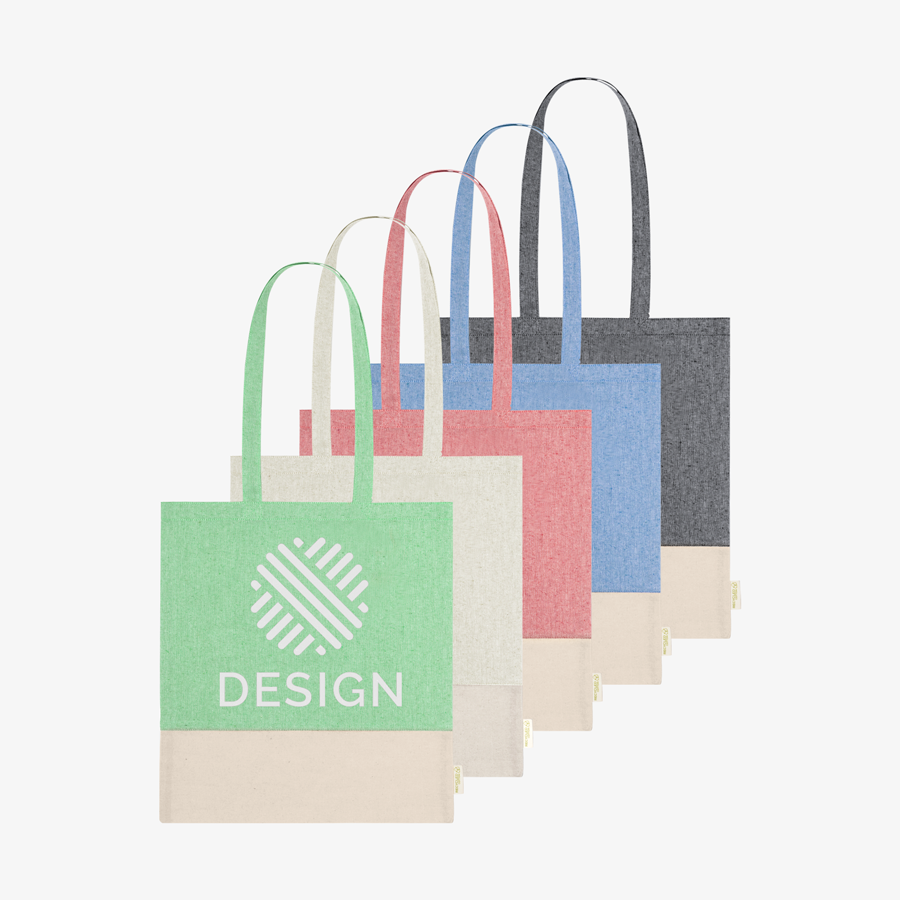 Recycelte Baumwolltaschen bedruckt mit Logo in vielen Farben, jeweils in zwei Farbtönen