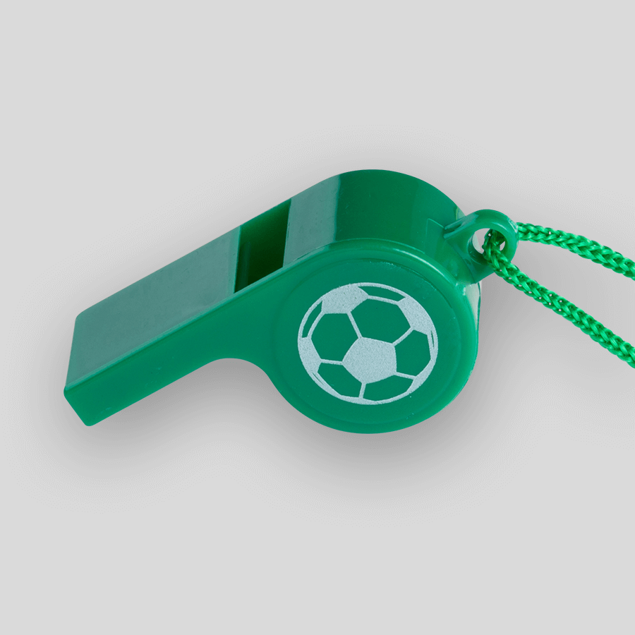 Grüne Trillerpfeife aus Kunststoff mit einfarbigem und einseitigem Tampondruck