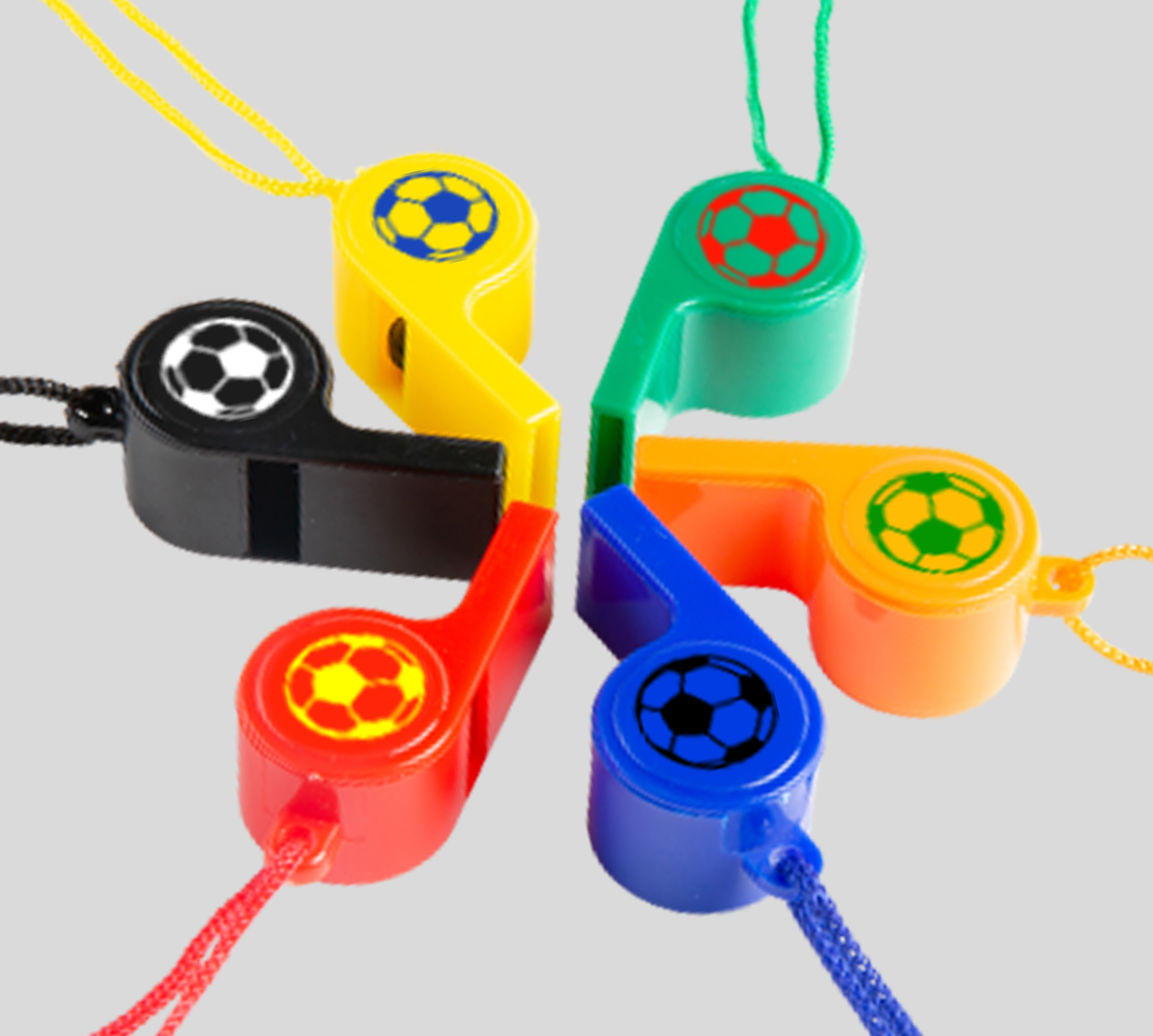 Auswahl von bunten Trillerpfeifen aus Kunststoff mit einfarbigem Tampondruck