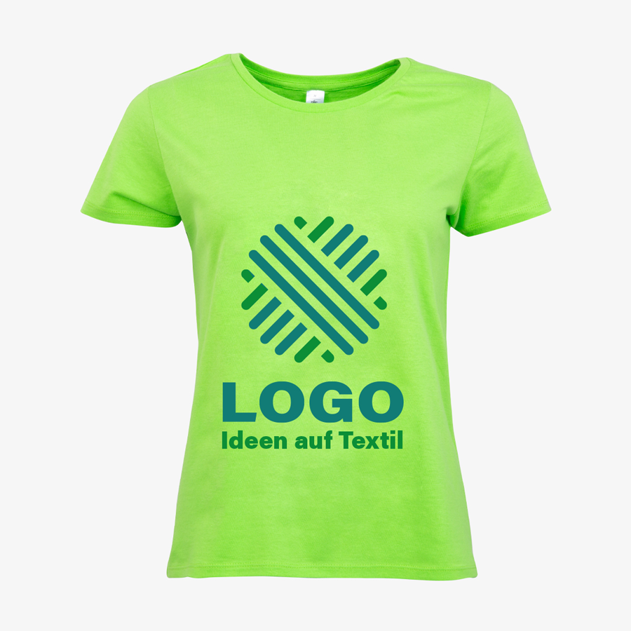 Grünes Basic-Damen-T-Shirts von B&C Collection mit individuellem Druck auf der Vorderseite