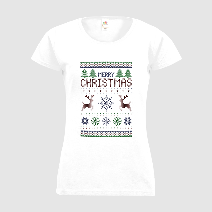 Weißes T-Shirt für Damen von Fruit of the Loom im Weihnachtsdesign Weihnachtsstrickpulli